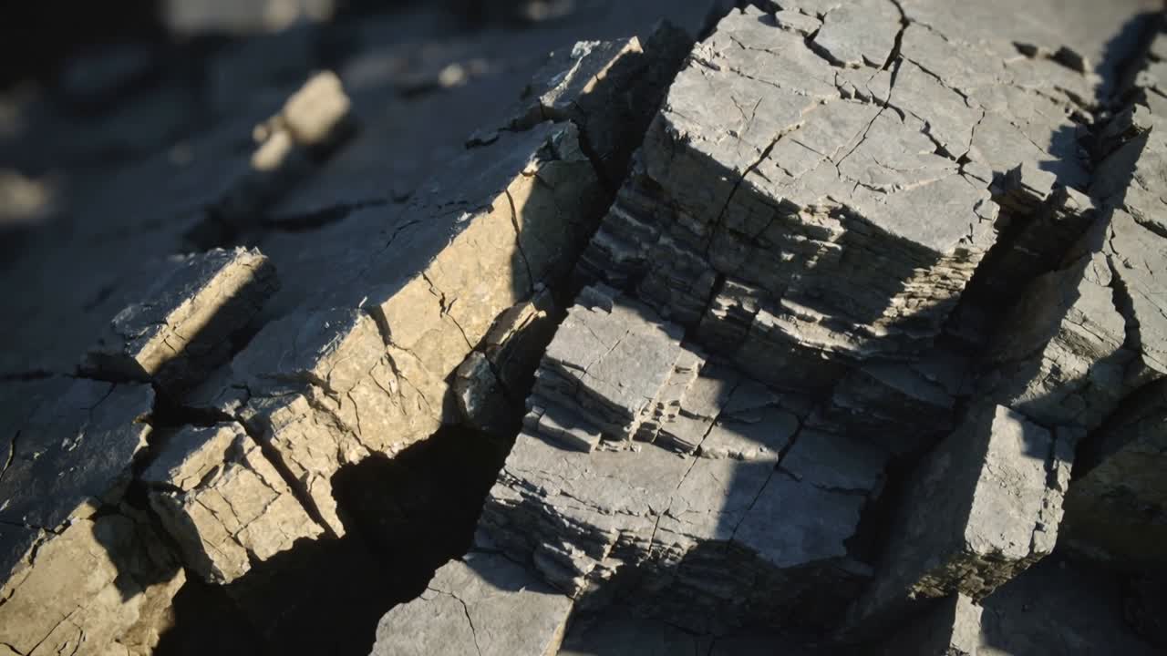 Glidende kamera afslører brudt grundfjeld fremspring, viser skyggefuld sprække og fremviser tekstur