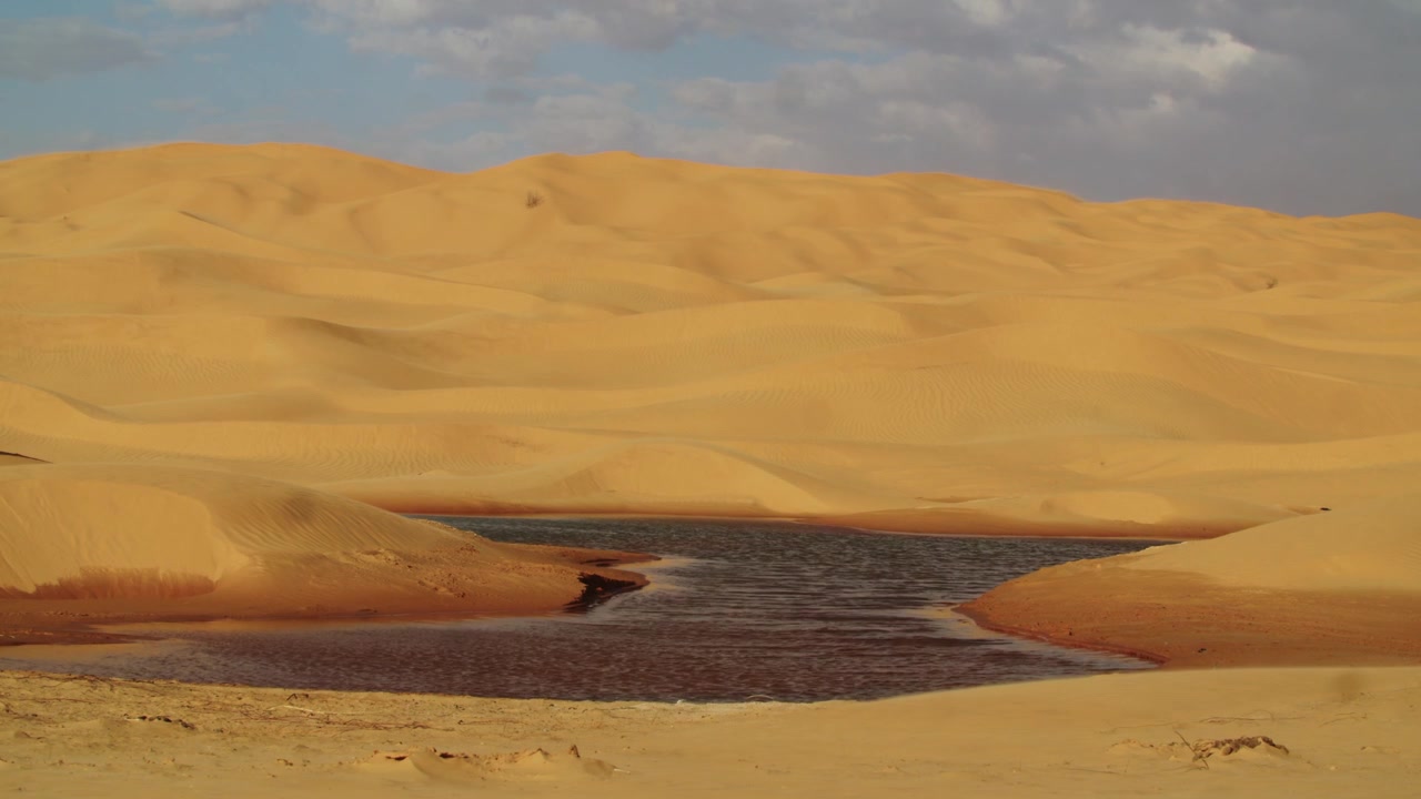 Nahaufnahme einer seltenen Wasserquelle oder eines kleinen Sees inmitten der goldenen Sanddünen der Sahara in Tunesien. Kontrast zwischen der trockenen Wüstenumgebung und lebensspendendem Wasser im Oasengebiet Ksar Ghilane.