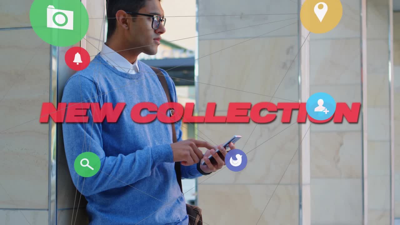 Animation d'un réseau de connexions avec icônes au-dessus d'un homme