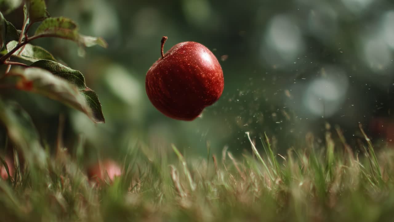 A Captivating Journey of an Apple: From the Tree to the Ground, Witness the Moment of Fall and Rest Amidst the Lush Greenery and Gentle Dew of Nature's Beauty