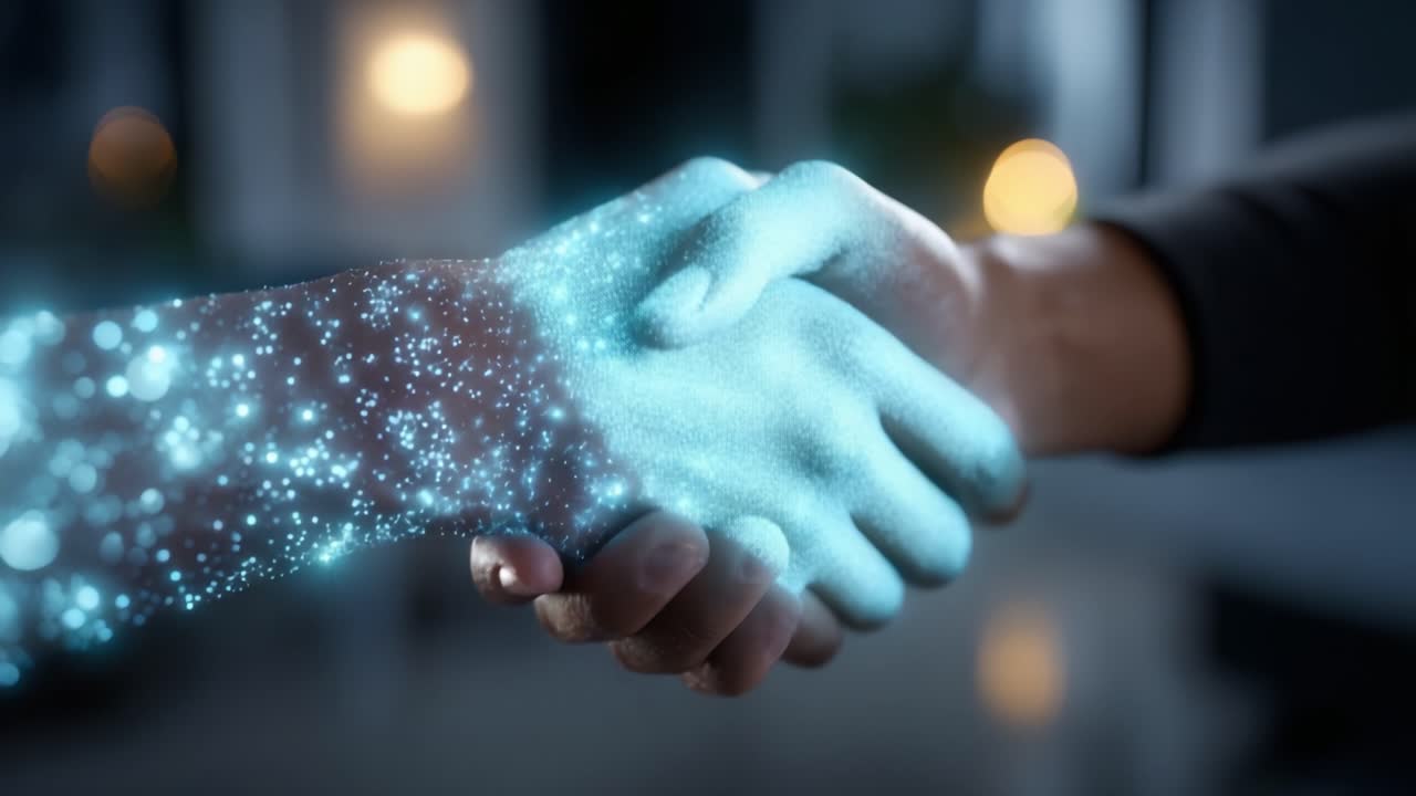 A Futuristic Handshake Symbolizing Connection, Technology, and Collaboration with Sparkling Digital Effects Enhancing the Moment of Engagement and Trust