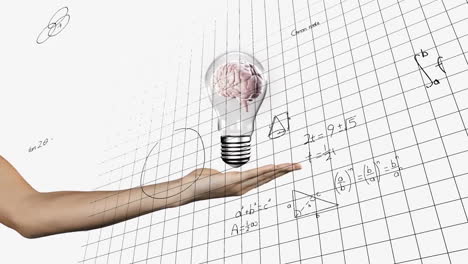 animación de una bombilla con cerebro sobre la mano de la mujer y procesamiento de datos matemáticos