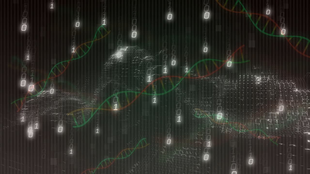 Scanline glitch starting helices drifting while binary code falling into clusters to map data grid