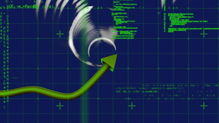 Animación de flecha en movimiento en un túnel circular sobre lenguaje de programación contra un fondo abstracto