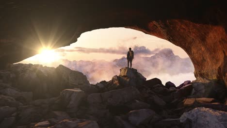 adventurous man hiker standing in a cave with dramatic cloud and snowy mountain view