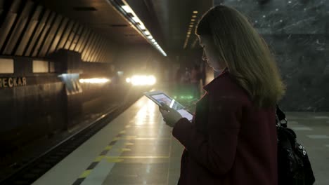 mujer usando una tableta en una estación de metro