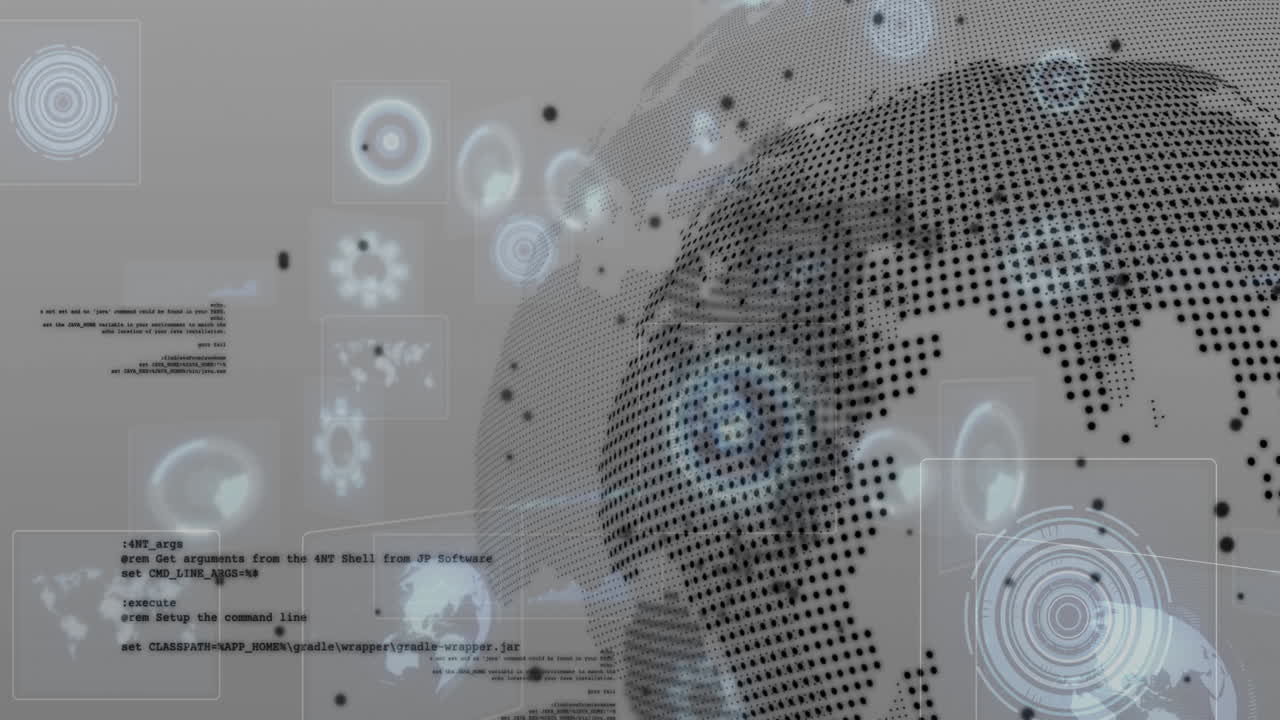 Animation of digital globe processing data with futuristic interface elements
