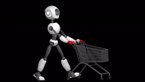un robot humanoide caminando con un carrito de compras. animación en bucle 2d. canal alfa. aislado en un fondo transparente.