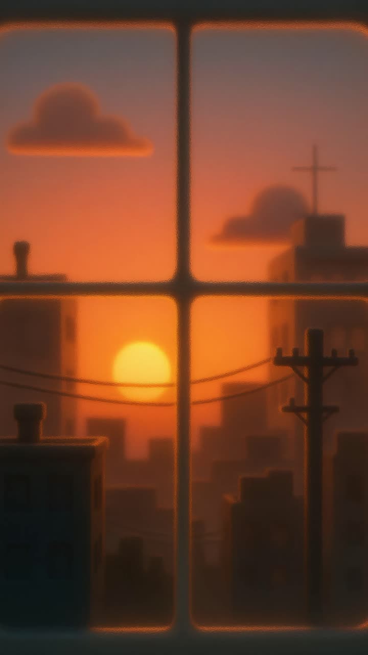 Fondo de pantalla animado para móvil con un estilo adorable. Un paisaje urbano de ensueño al atardecer visto a través de una ventana, con enfoque suave.
