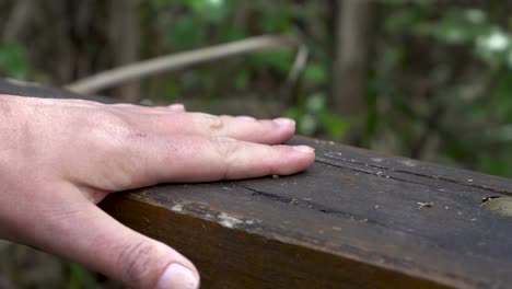 la mano de la mujer en cámara lenta se desliza a lo largo de la barandilla de madera