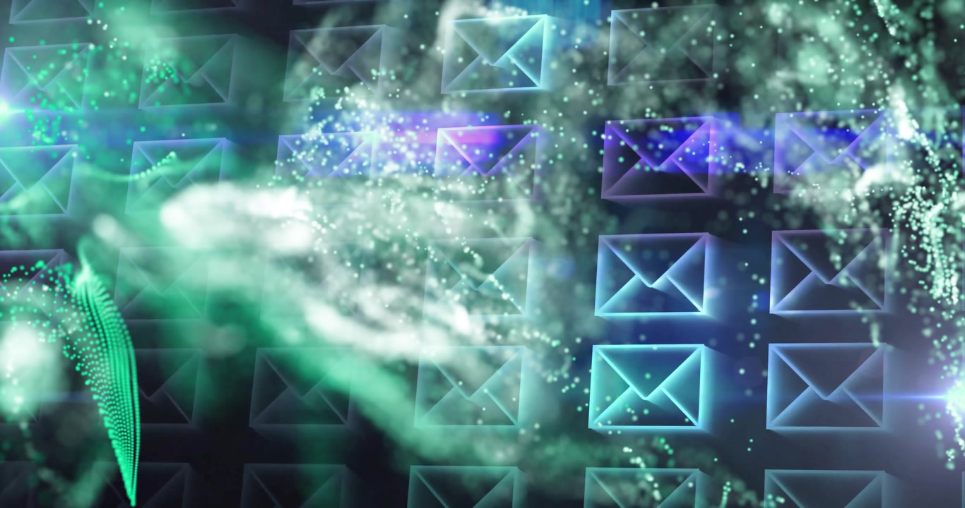 Translucent envelope icons floating over data grid, swirling wisps, smoky mist and particles