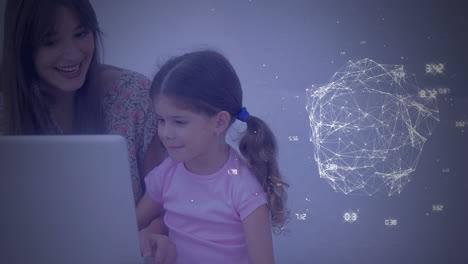 animation of a mother and her daughter sitting by a table with a globe made on blue background.