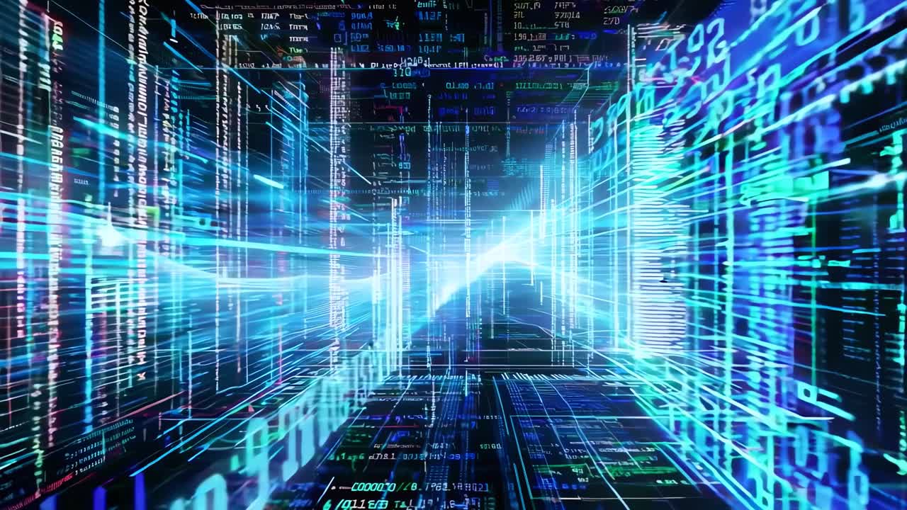 Futuristic digital tunnel with blue code streams, captured from a dynamic, forward-moving angle