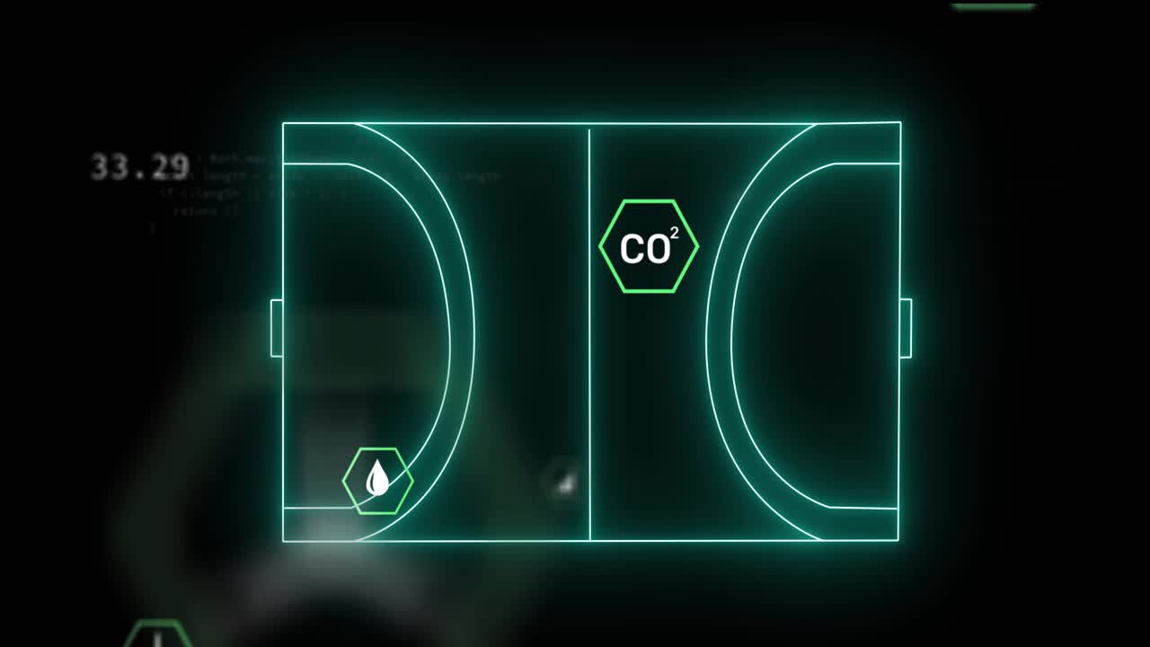 Glowing cyan court forming from floating hex icons, sliding in, updating metrics, clustering, as UI