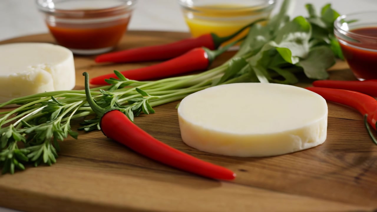 Primo piano mostra un pezzo di formaggio liscio circondato da erbe aromatiche, peperoni e salse su una superficie di legno, con un'illuminazione calda che evidenzia ingredienti freschi, texture, colori e la composizione culinaria.
