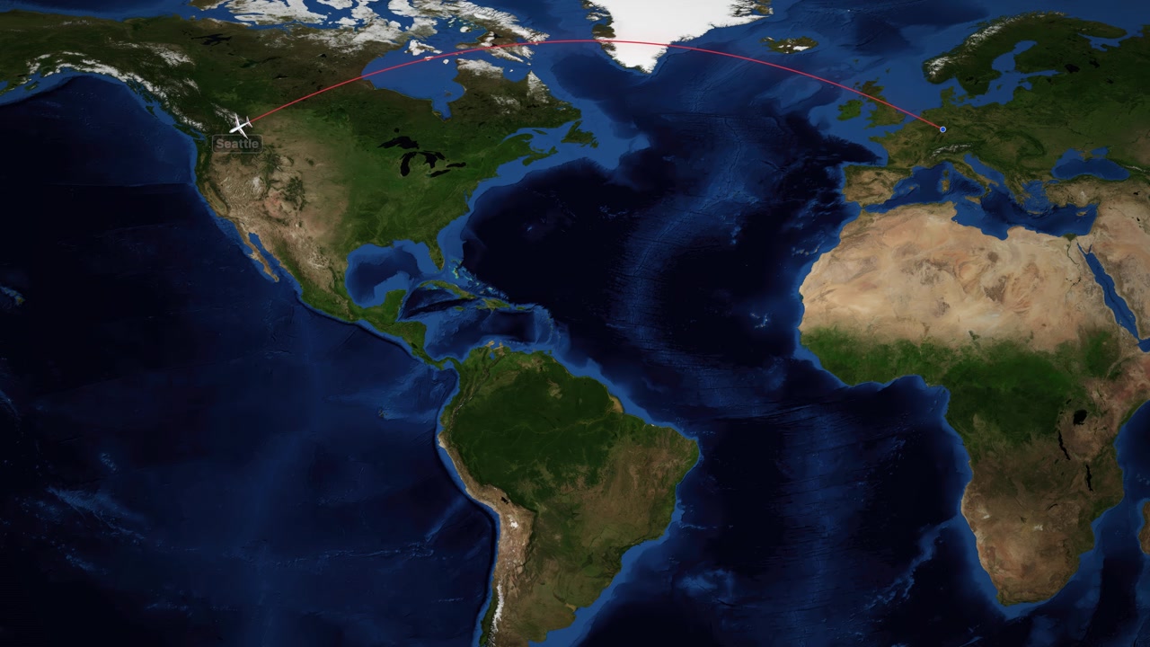 Percorso di volo animato di un aereo da Francoforte a Seattle su mappa del mondo