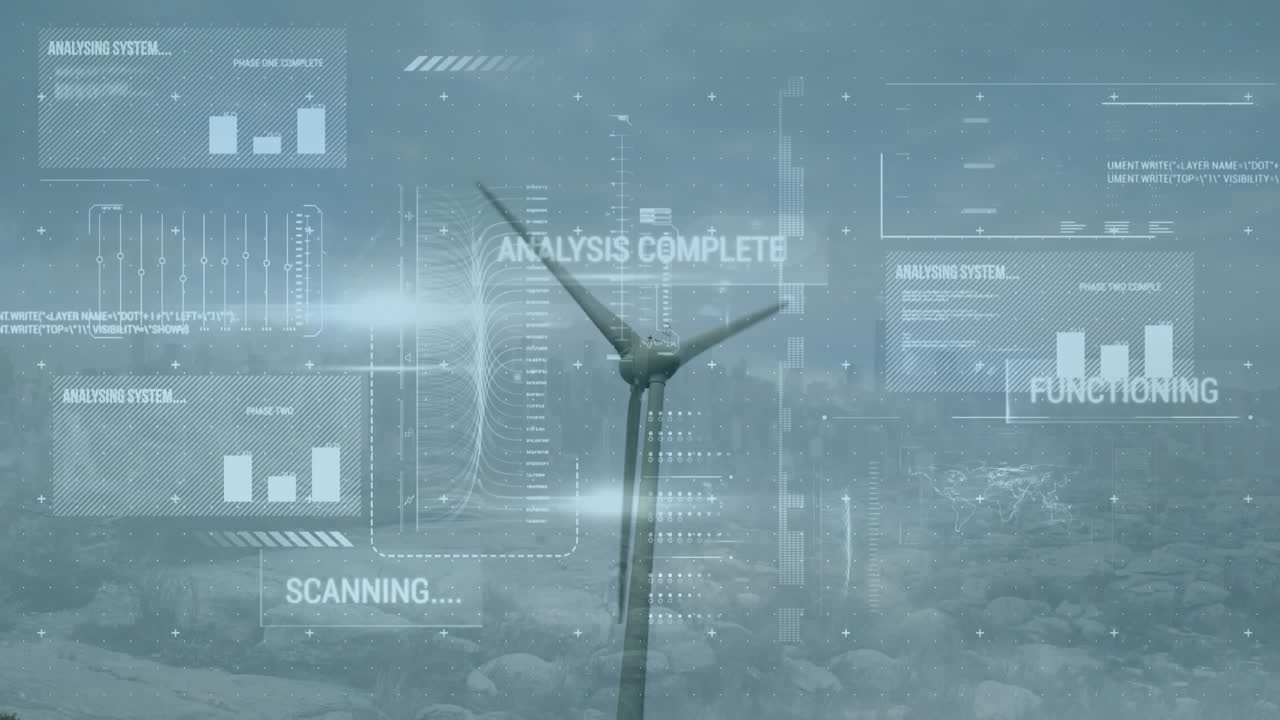Animation of financial data processing over wind turbine