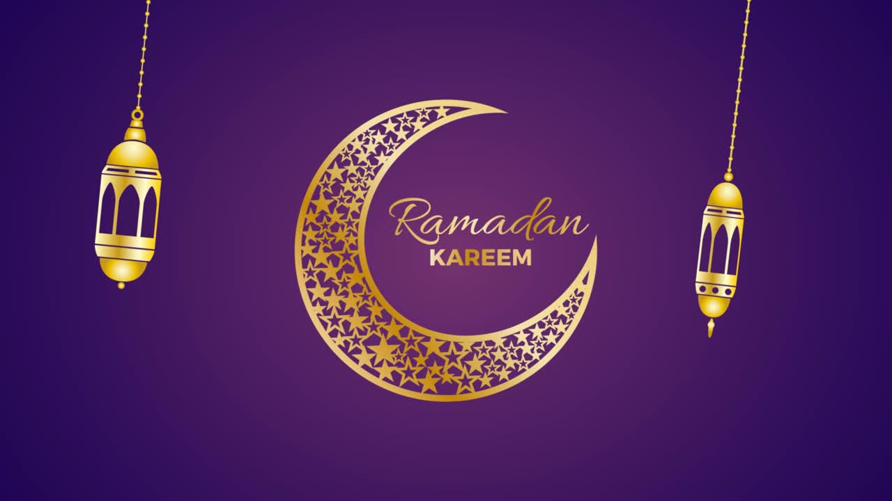fondo para ramadán kareem con linternas de vela colgantes, luna y texto. ilustración animada en púrpura