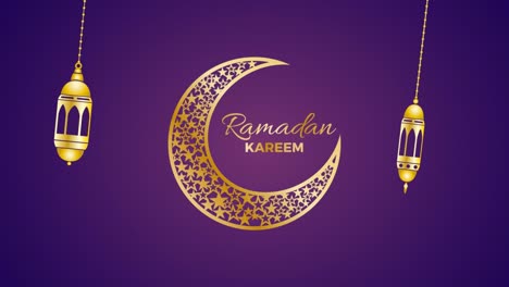 background for ramadan kareem with hanging candle lanterns,  moon and text. animated illustration on purple