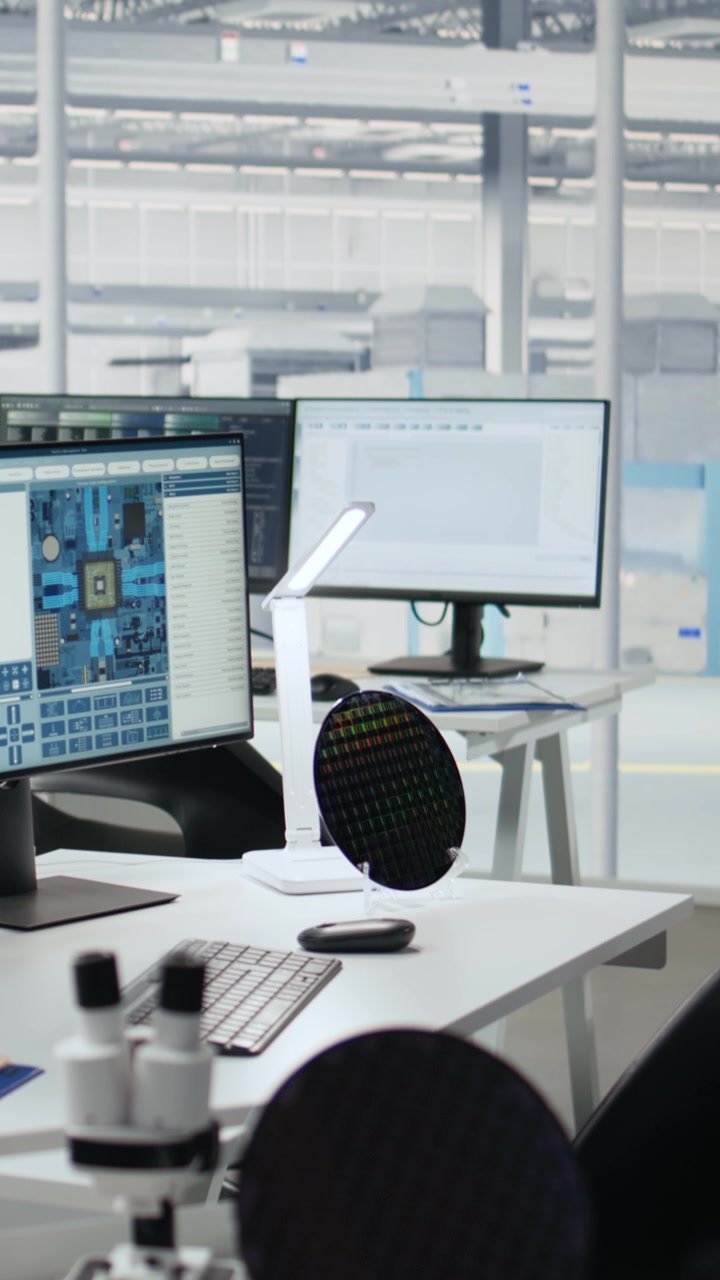 Vertical video Microchip production engineering office with monitors