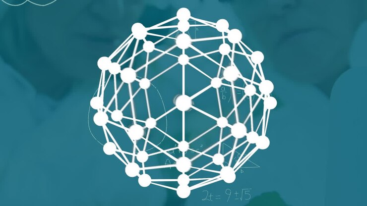 Animation of globe of connections and mathematical equations over diverse scientists in lab