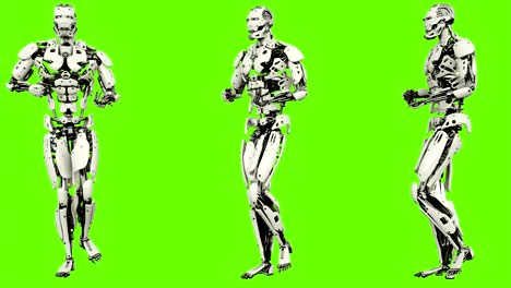 robot android is backwards rife walk. realistic looped motion on green screen background. 4k