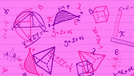 animación de ecuaciones matemáticas y procesamiento de datos sobre un fondo rosa.