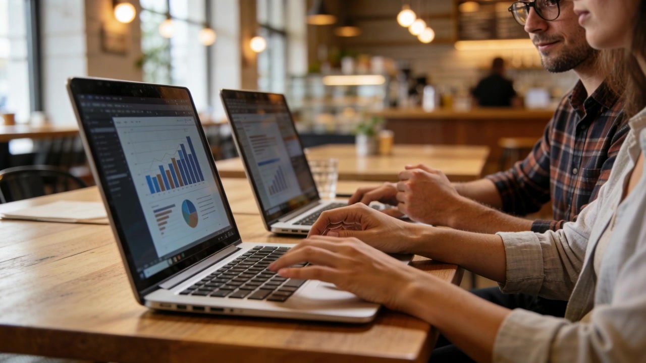 Viewing charts, gesturing plaid man and typing blouse-clad woman working using laptops at cafe