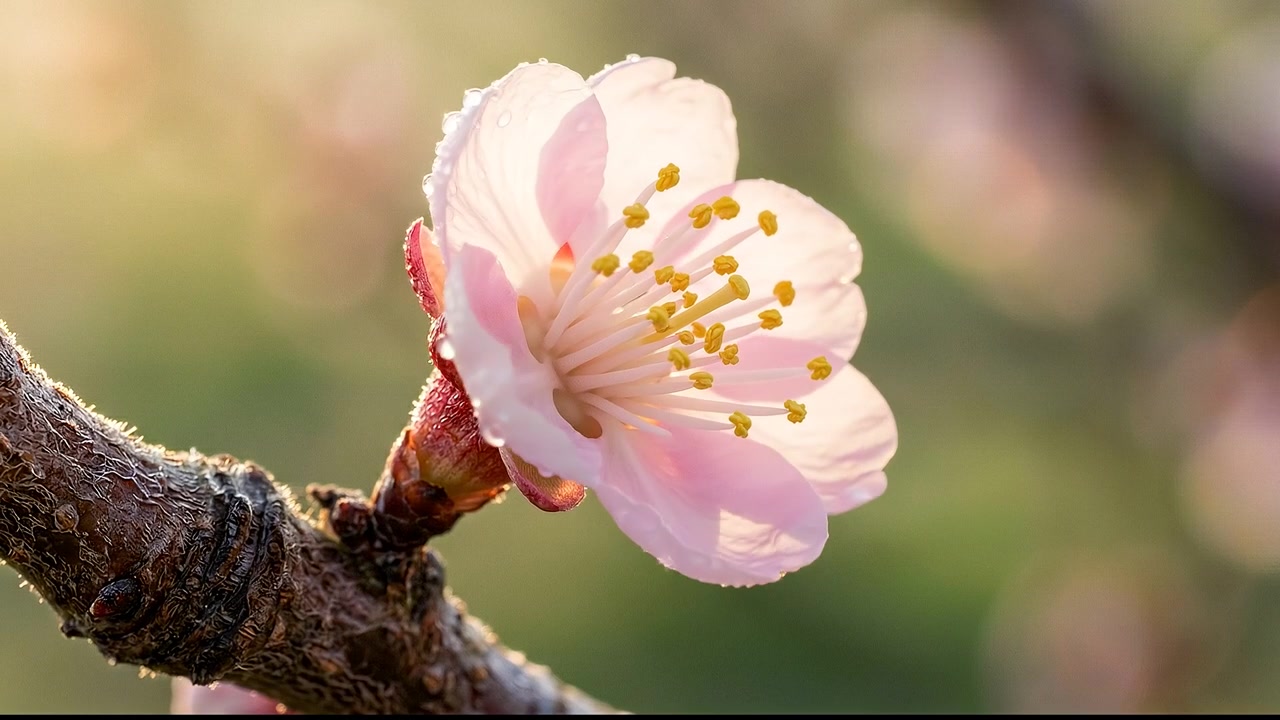 ミツバチが訪れるピンクのアンズの花の開花タイムラプス