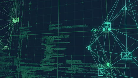 animation of data processing, network of connections with icons globes and grid