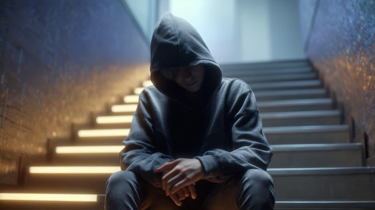 A lone figure in a hooded sweatshirt sits thoughtfully on stairs, illuminated by soft light, capturing a moment of introspection and quiet solitude
