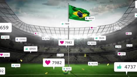 animación de iconos de las redes sociales y confeti cayendo sobre la bandera de brasil en contra del estadio deportivo.
