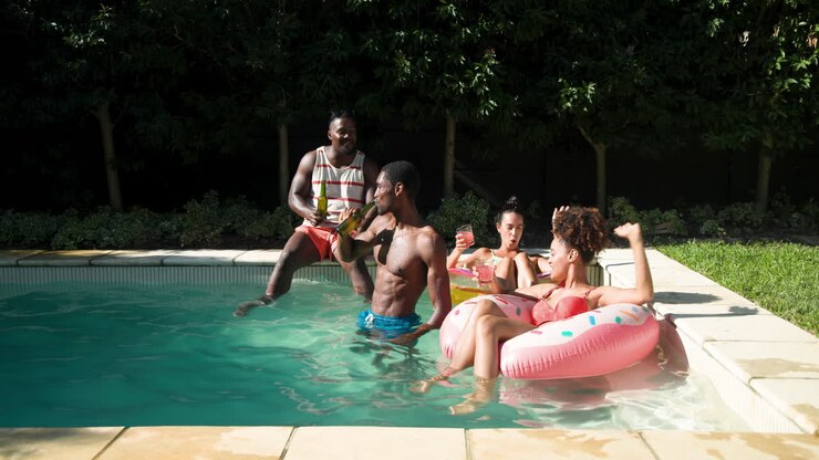 Diverse friends enjoying pool party, laughing and relaxing on inflatable float with drinks