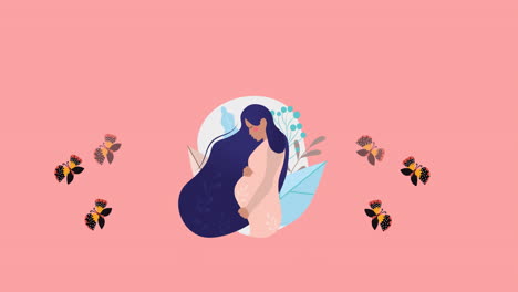 animation of figure of pregnant woman and floating yellow and black butterflies on pink background