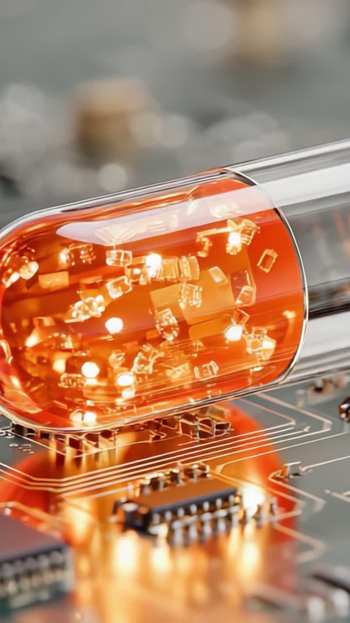 A Stunning Close-Up of a Futuristic Capsule with Illuminated Microchips on a Circuit Board, Showcasing the Intersection of Technology and Medicine