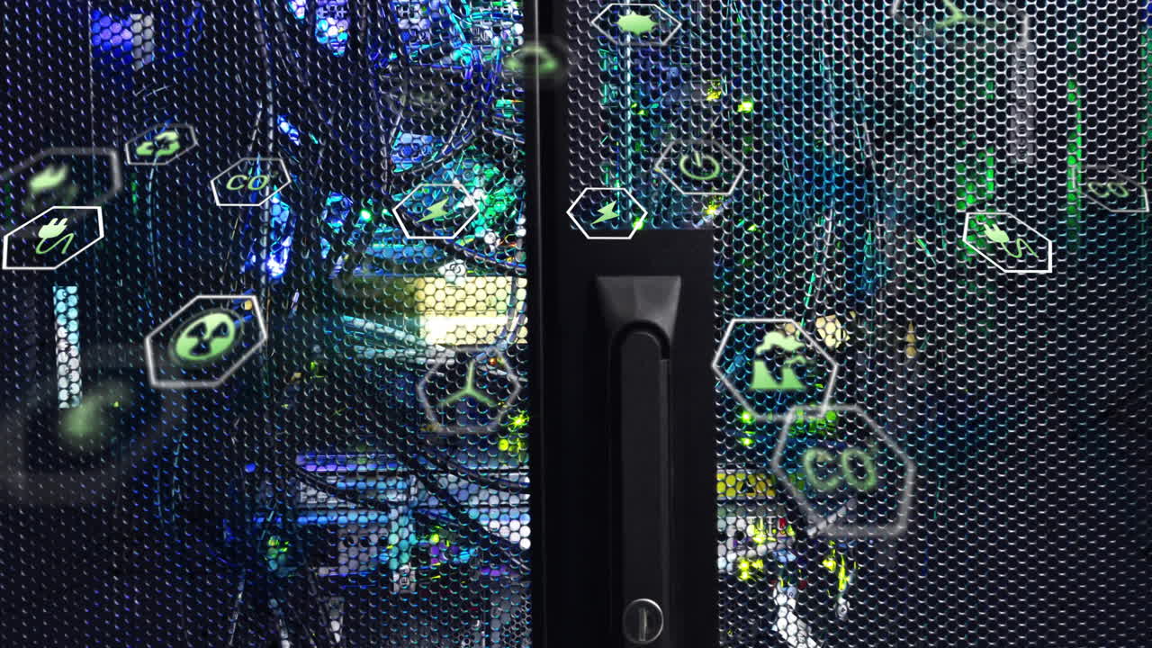 Animation of eco icons and digital data processing over computer servers