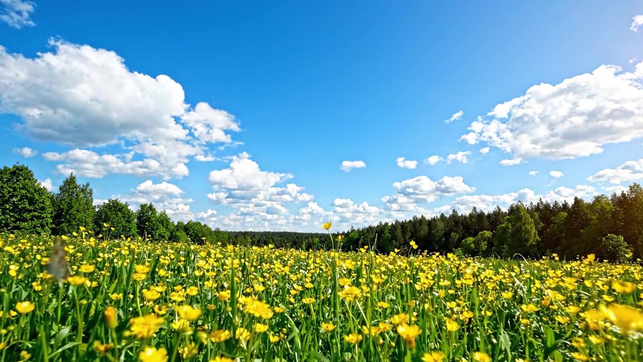 A Vibrant Meadow of Buttercups Under a Brilliant Blue Sky with Fluffy White Clouds, Showcasing the Beauty of Nature in Full Bloom on a Sunlit Day