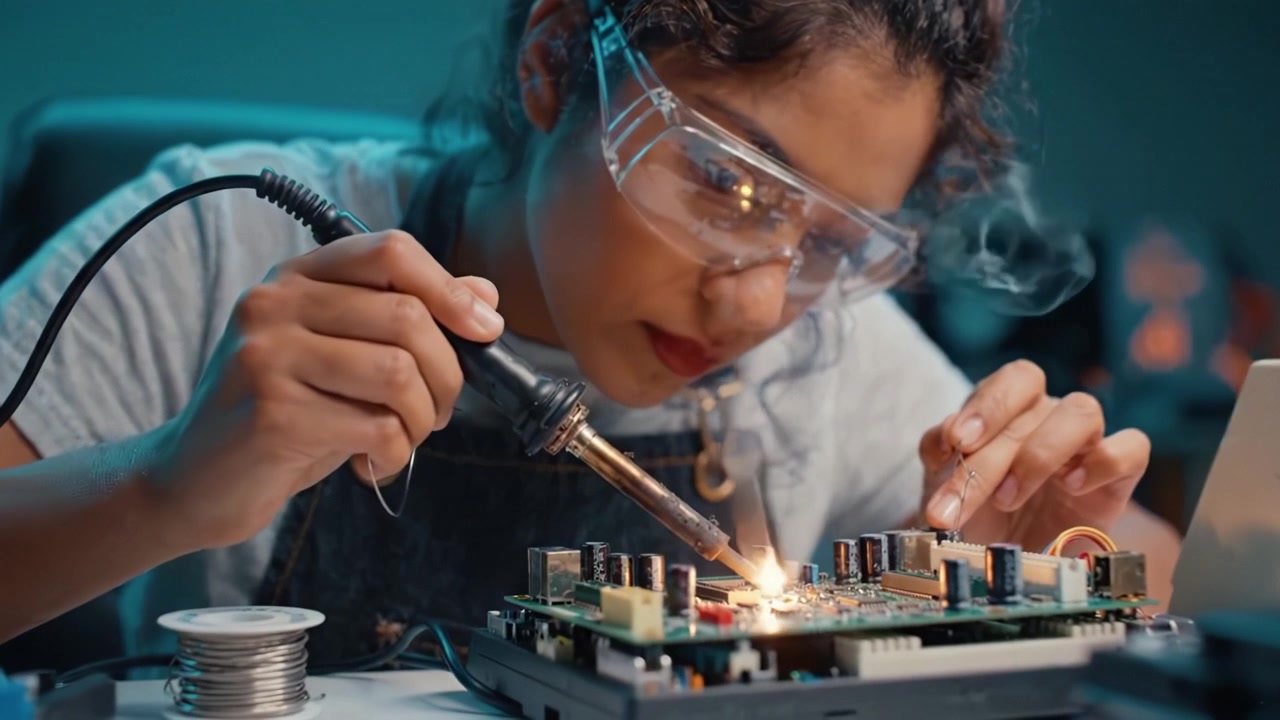 Focused Engineer Soldering Circuit Board with Precision While Wearing Safety Glasses, Showcasing the Art and Technique of Electronics Repair and Modification.