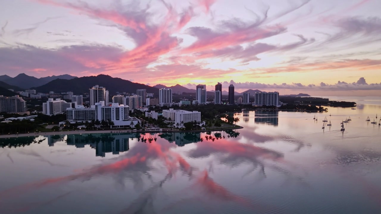 Camera gliding forward at dusk, revealing coastal skyline for travel marketing with mirrored clouds