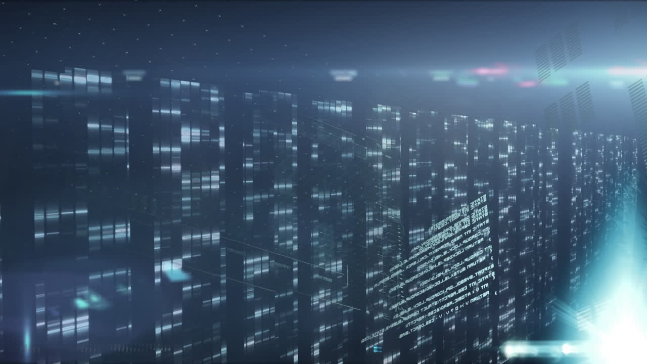 Animation of data processing over multiple screens with mosaic squares against blue background