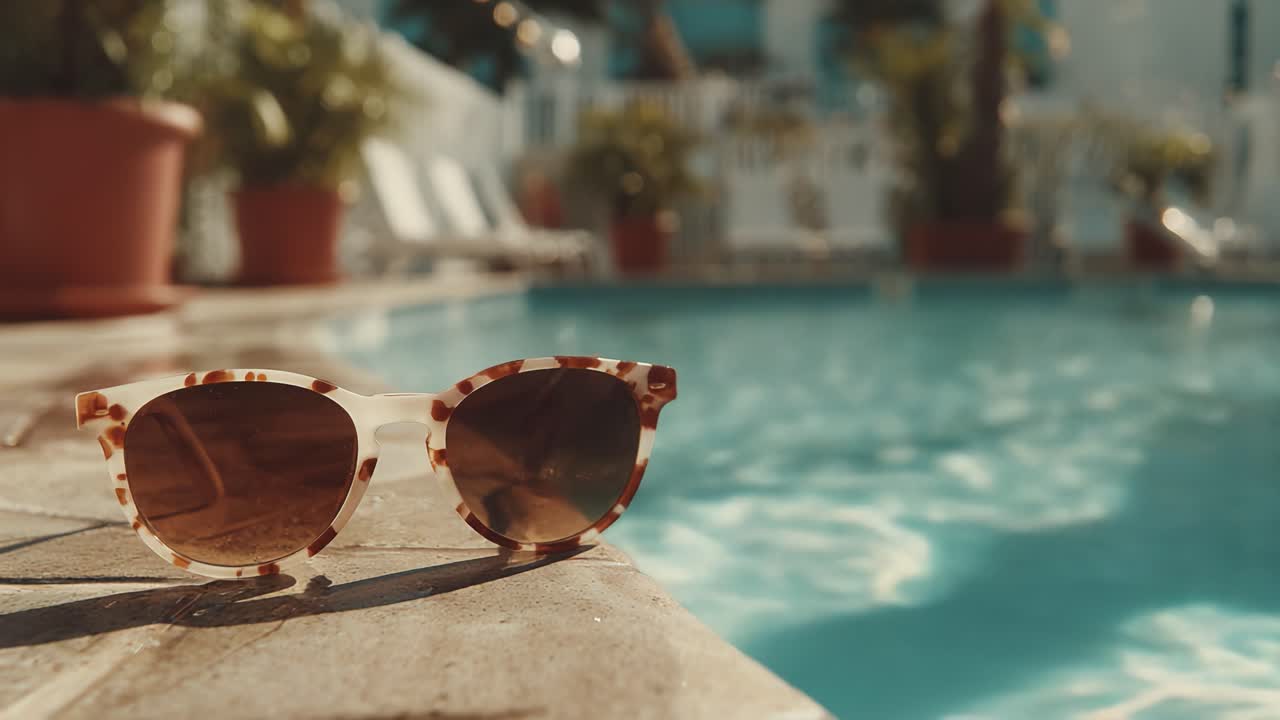 Eine schöne, stilvolle Sonnenbrille liegt an einem erfrischenden Pool und fängt die Essenz sommerlicher Entspannung und Freizeit inmitten üppiger Umgebung ein.