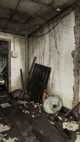 abandoned room with debris and leaves