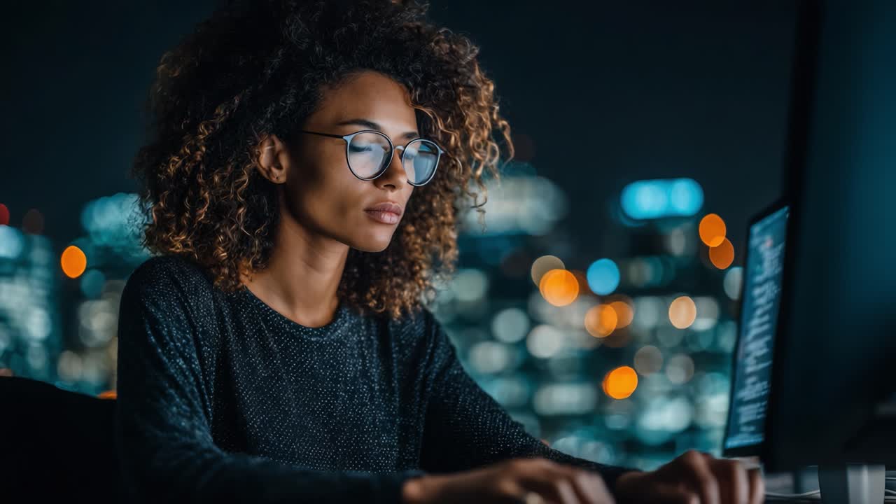 Focused woman engaged in work on her laptop at night, showcasing determination and passion amidst a vibrant urban backdrop illuminated by city lights
