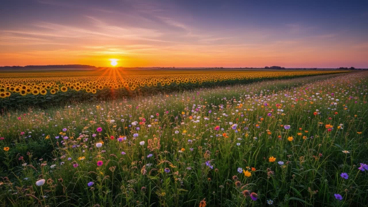 Sunset over Vibrant Sunflower and Wildflower Fields