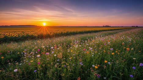 sunset over vibrant sunflower and wildflower fields