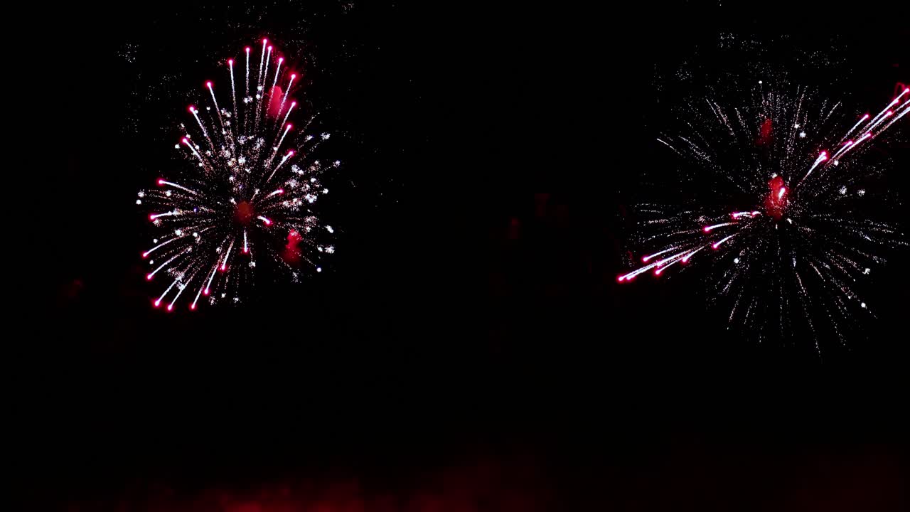 밤하늘에 화려한 불꽃이 터진다. 밝은 색상의 축하 및 이벤트.