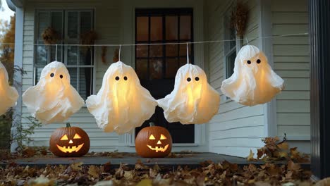 A row of Halloween decorations including pumpkins and ghosts. The ghosts are hanging from a string and are lit up