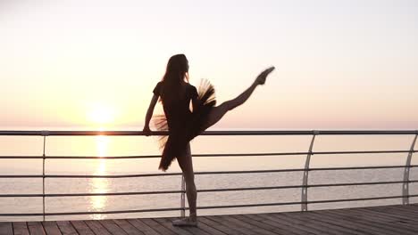 ballerina stands facing to the sea or ocean in a black tutu. young beautiful woman practicing stretching and exercises. sun almost raised. backside view