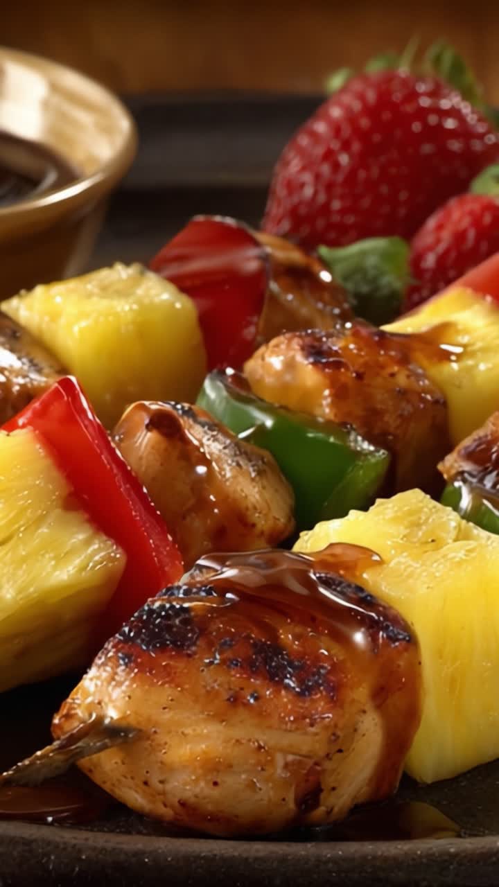 Deliziosi spiedini di pollo grigliato e ananas con peperoni colorati: un'esperienza culinaria saporita e colorata.