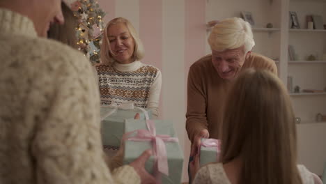 abuelo tomando todos los regalos de navidad, bromeando y riendo